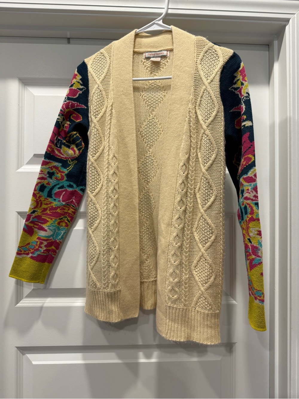 Flying Tomato Cream Cable Knit Cardigan with Multicolor Floral Sleeves